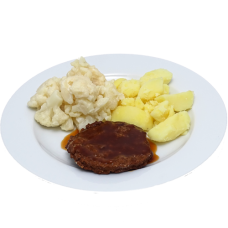 Runderburger met vleesjus, bloemkool a la crème en gekookte aardappelen
